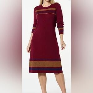 G by Giuliana Women Sweater Dress Maroon Striped Long Sleeve Mid-Calf Size Sz XS